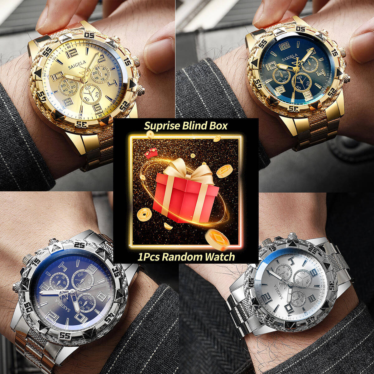 Fashion Mens Watches - Montre mystère Surprise pour hommes, boîte