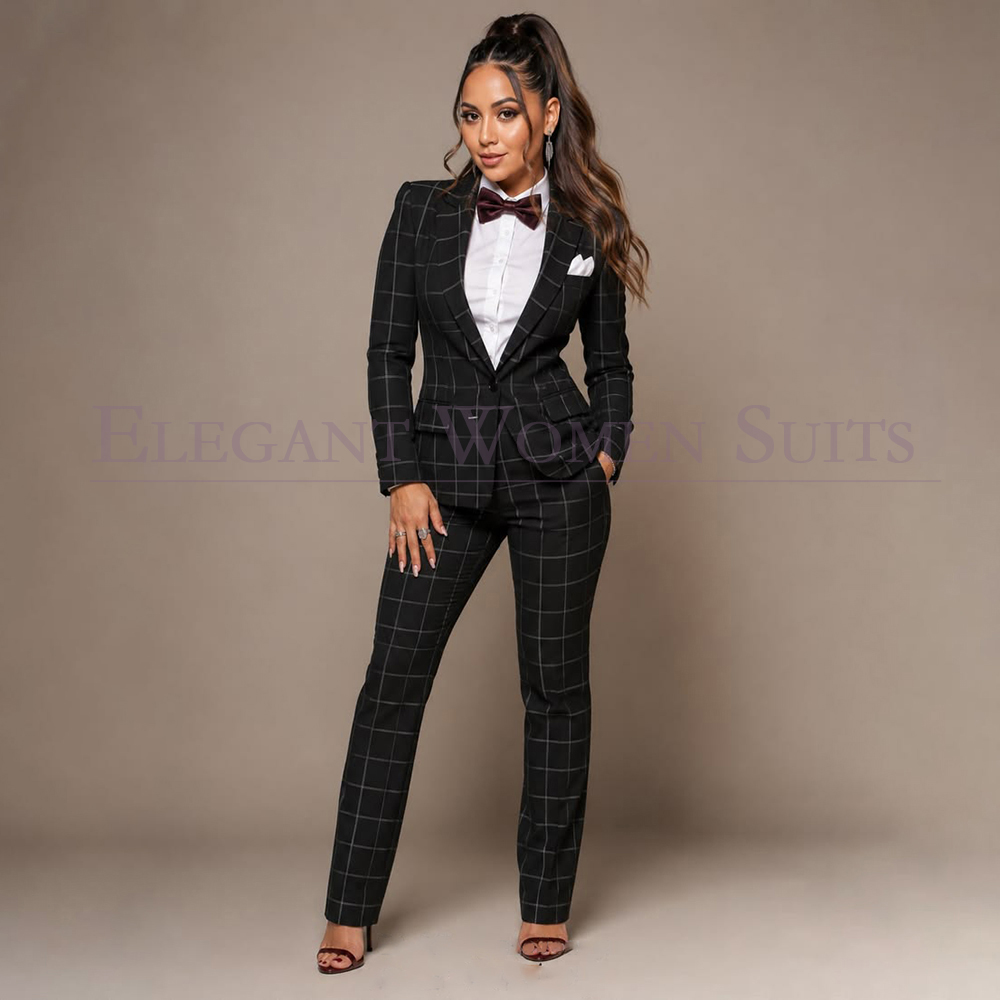 Men'S Fashion All Black Outfit - Costume pour femmes à carreaux noirs,